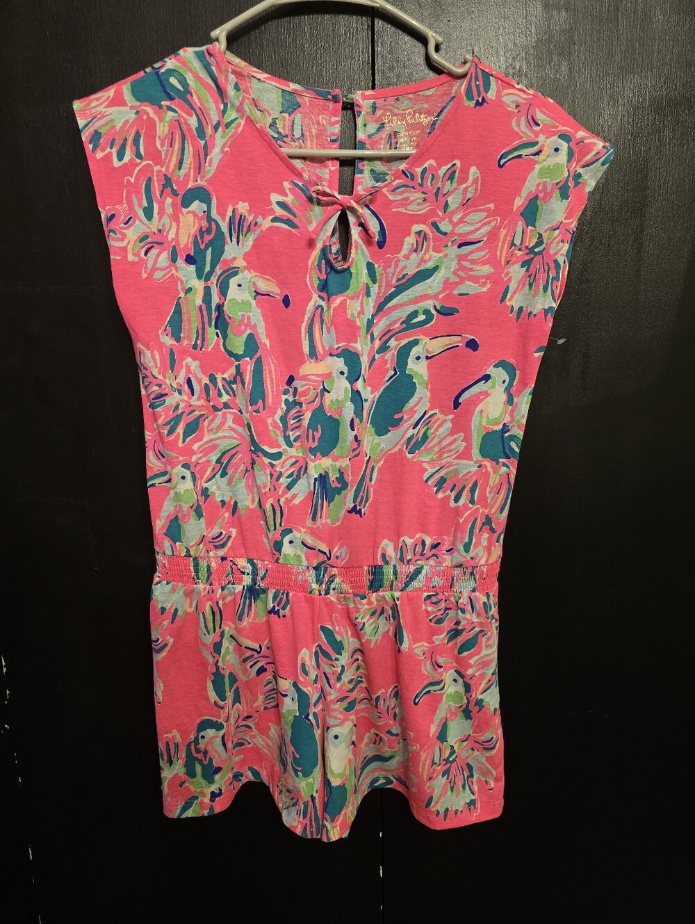 Lilly Pulitzer Girl's Romper In Vibrant Pink Toucan Can Tropical Print- Size XL